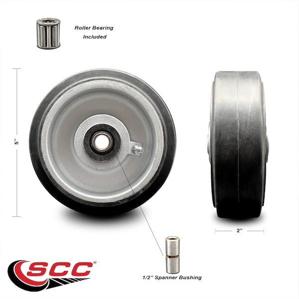 SCC - 5" Rubber on Aluminum Wheel Only w/Roller Bearing-1/2" Bore-500 lbs Cpty